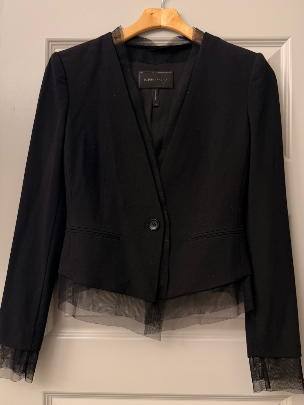 BCBGMaxAzria Black V-Neck Blazer with Tulle Trim
